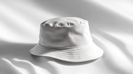 A stylish white bucket hat positioned on a light backdrop showcases its elegant design and soft textures, perfect for fashion and accessory collections.の素材