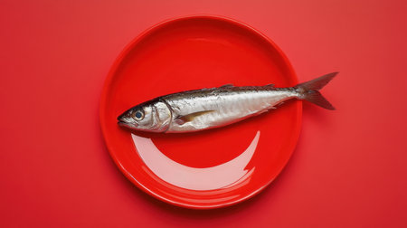 A fresh fish laid elegantly on a vibrant red plate, emphasizing food presentation and culinary creativity, ideal for food photography and gourmet dishes.の素材