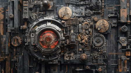 Explore a striking abstract industrial background showcasing intricate gears and mechanical elements with a captivating glowing red light, perfect for creative projects.の素材