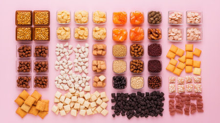 A vibrant and colorful arrangement of diverse snacks and treats. Each type is carefully placed in clear containers, showcasing their textures and flavors against a soft pink background, perfect for inspiring culinary creativity.の素材