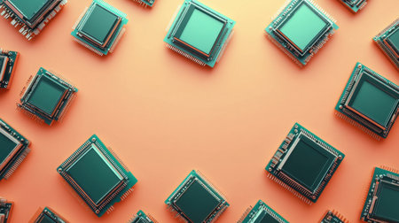 An abstract composition of various microchips laid out on a vibrant coral background, illustrating the world of technology and innovation in electronics, perfect for tech-related projects and presentations.の素材