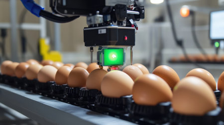 This image showcases a modern automated egg sorting system in a high-tech food processing facility, highlighting the use of advanced machinery for efficiency and quality.の素材