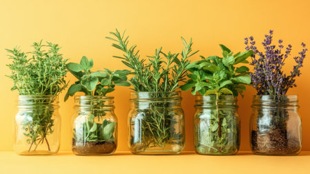 A vibrant display of fresh herbs in clear glass jars against a bright orange backdrop. Perfect for culinary ideas and home decor inspiration, showcasing natural beauty.の素材