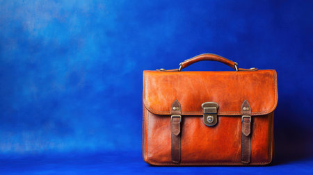 This image features a classic brown leather briefcase against a striking blue backdrop. The briefcase exemplifies elegance and functionality for professionals.の素材