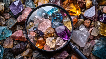 A magnifying glass highlights an array of colorful gems and crystals resting on a natural background, showcasing their fascinating textures and unique patterns.の素材