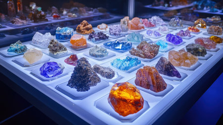 A stunning array of colorful crystals and gemstones showcases nature's beauty. This illuminated display highlights the diversity and intricacies of each specimen.の素材