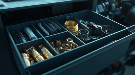 A well-organized tool drawer showcasing an array of metal components and fasteners ideal for mechanical and engineering tasks, enhancing workspace efficiency.の素材