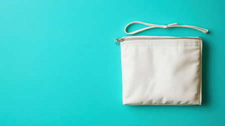 This elegant white zip pouch sits against a vibrant turquoise background, showcasing modern design for fashion enthusiasts and lifestyle bloggers.の素材