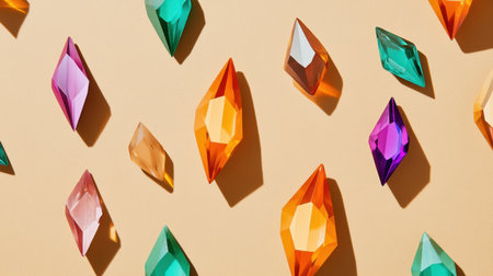 A vibrant assortment of decorative gems and crystals in various colors and shapes arranged artistically on a soft surface. Perfect for design projects.の素材