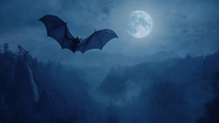 A stunning scene featuring a majestic bat soaring through the night sky, illuminated by a bright full moon, showcasing an enchanting landscape of dark blue tones and mist.の素材
