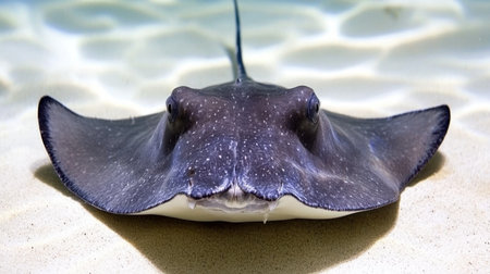 This stunning close-up captures a stingray gracefully gliding over the sandy ocean floor, showcasing its unique features and tranquil beauty in clear waters.の素材