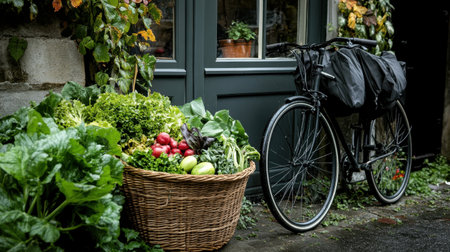 A charming scene showcasing a collection of fresh organic vegetables in a woven basket beside a vintage bicycle, perfect for depicting sustainability and urban lifestyle.の素材
