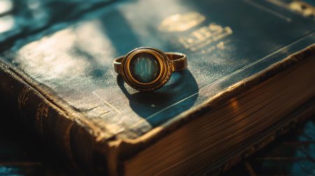 A stunning vintage gold ring with a unique stone is elegantly displayed on an old leather-bound book, capturing the timeless beauty of craftsmanship.の素材