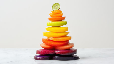 A striking display of vibrant fruit slices arranged in a colorful stack. This artistic creation emphasizes freshness and healthy eating, perfect for culinary inspiration.の素材