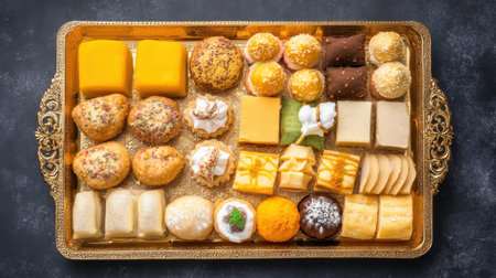 A beautifully arranged golden tray filled with assorted colorful sweets and delicacies, perfect for celebrations, joyful events, and gatherings. Each treat showcases rich flavors and unique textures, appealing to both the eye and the palate.の素材