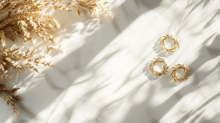 This image showcases a stunning arrangement of golden decorative plants paired with spiral earrings, creating a serene atmosphere enhanced by soft shadows.の素材
