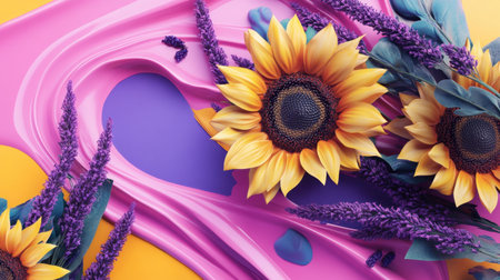 A striking arrangement of sunflowers and lavender is set against a vibrant abstract background. Ideal for creative, artistic, and floral design projects.の素材