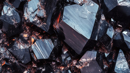 This visually striking image captures dark mineral crystals showcasing intricate patterns and rich textures, perfect for geological or abstract themes.の素材