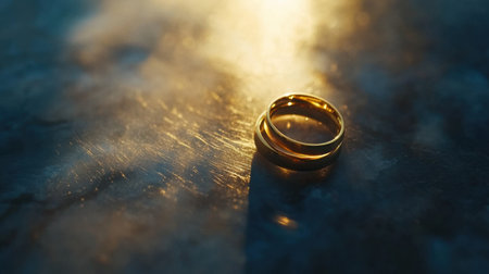 Capture the essence of love and commitment with this elegant image of gold wedding rings resting on a reflective surface, illuminated by soft light.の素材