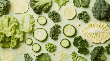 A stunning flat lay of fresh green vegetables and citrus fruits arranged artfully on a light green background, showcasing vibrant colors and natural textures perfect for health-focused themes.の素材