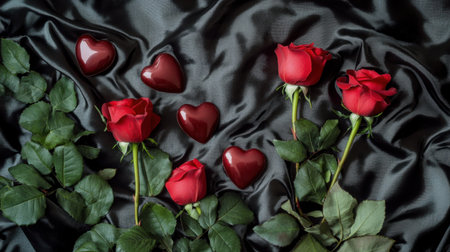 A captivating arrangement featuring vibrant red roses and glossy heart-shaped chocolates set on luxurious black satin fabric, perfect for romantic occasions.の素材