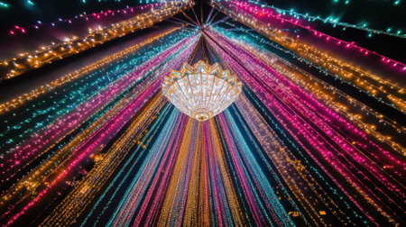 Stunning visualization of vibrant festival lighting with a dazzling chandelier, creating a festive atmosphere perfect for events and celebrations.の素材