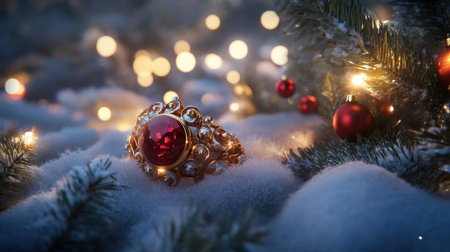 This stunning vintage ring showcases a red gemstone, elegantly placed amidst soft snow. Surrounded by festive lights and decorations, it embodies holiday spirit, offering a perfect blend of beauty and luxury in a serene winter landscape.の素材