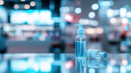 A clear glass bottle with a pump and an injection vial sits on a reflective surface, showcasing a sterile environment ideal for medical and pharmaceutical applications.の素材