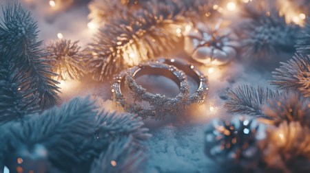 A stunning display of glittering rings surrounded by pine branches and soft glowing lights, creating a warm and festive ambience for the holiday season.の素材