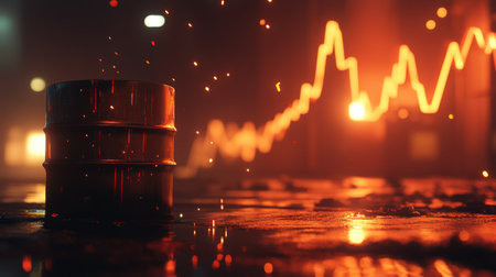 This image combines industrial elements and abstract financial concepts, showcasing a glowing chart alongside a barrel, creating a powerful visual narrative.の素材