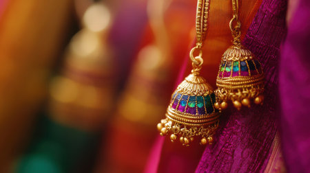 This stunning close-up captures ornate traditional earrings adorned with colorful gems and intricate detailing, emphasizing craftsmanship and elegance.の素材