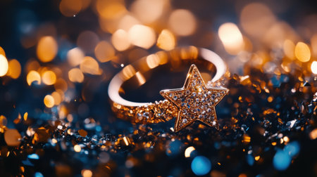 This mesmerizing image features a star-shaped ring adorned with sparkling crystals, set against a backdrop of shimmering bokeh lights, perfect for jewelry promotion.の素材
