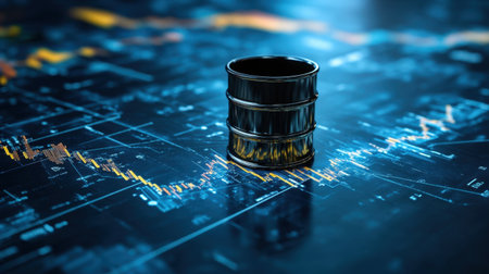 An oil barrel positioned prominently on a digital financial chart highlights market trends in the energy sector, illustrating investment opportunities and economic fluctuations.の素材