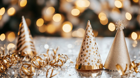 Discover an enchanting arrangement of gold and white party hats surrounded by shiny streamers on a reflective surface, enhanced by soft, dreamy background lights.の素材