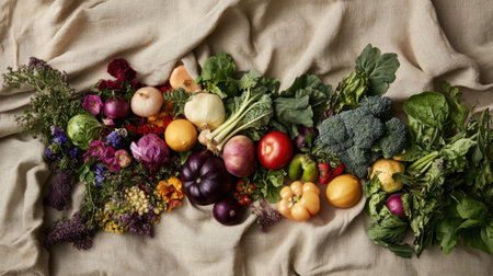 A vibrant arrangement of assorted fresh vegetables and herbs displayed on a natural fabric background, showcasing the beauty of organic produce and healthy living.の素材