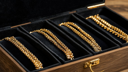 A stunning collection of gold chains elegantly arranged in a luxurious jewelry box with a plush velvet interior, perfect for showcasing exquisite accessories.の素材