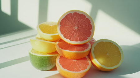 A beautiful arrangement of freshly cut citrus fruits, featuring vibrant slices of grapefruit, lemon, and lime, illuminated by soft, natural light that casts intriguing shadows.の素材