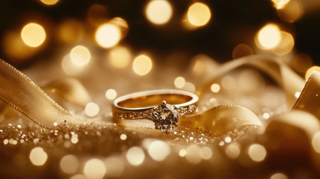 A stunning diamond ring sits elegantly on a bed of golden sparkles, surrounded by a dreamy bokeh effect that enhances its beauty, perfect for engagement or wedding celebrations.の素材