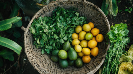 A rustic basket filled with ripe green avocados, bright yellow lemons, and fresh greens showcases an abundant harvest. Perfect for health-conscious cooking.の素材