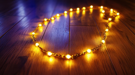A beautiful scene showcasing warm glowing LED string lights gracefully arranged on a wooden floor, creating a cozy and inviting atmosphere perfect for celebrations.の素材