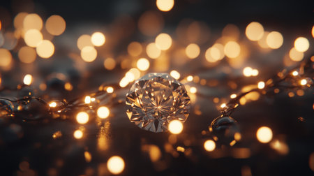 A stunning diamond centerpiece glimmers against a backdrop of warm lights, creating a dreamy bokeh effect perfect for luxury themes or elegant designs.の素材