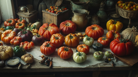 A stunning display of various heirloom tomatoes on a rustic wooden table, showcasing their vibrant colors and unique shapes, perfect for food photography.の素材
