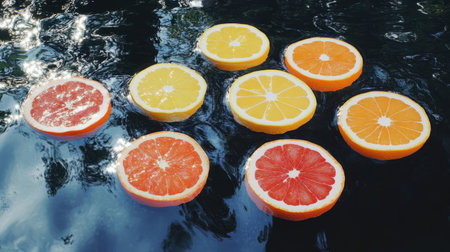 A vibrant display of citrus slices floating gracefully in calm water, reflecting bright sunlight. This colorful scene captures the essence of summer and freshness.の素材