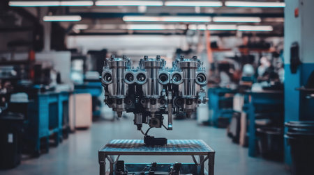 A detailed view of an automotive engine placed on a table in a bright industrial workshop, showcasing modern machinery and tools in the background.の素材