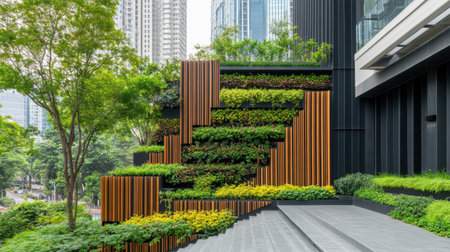 A striking vertical garden showcases a blend of nature and modern architecture in an urban environment. The lush greenery beautifully contrasts with sleek buildings, promoting sustainability and visual appeal.の素材