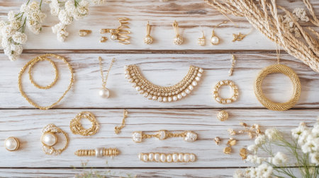 A beautiful arrangement of assorted gold jewelry and accessories displayed elegantly on a rustic wooden surface, enhanced by delicate floral accents.の素材