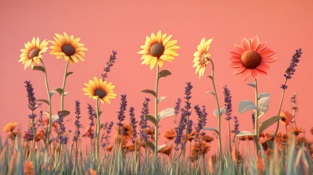 A vibrant field featuring bright sunflowers and aromatic lavender creates a stunning visual against a soft pink sunset background, highlighting nature's beauty.の素材