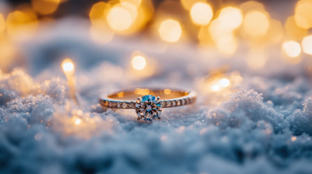 A captivating diamond engagement ring is placed on a snowy surface, adorned with soft bokeh lights in the background, evoking a magical winter feel.の素材