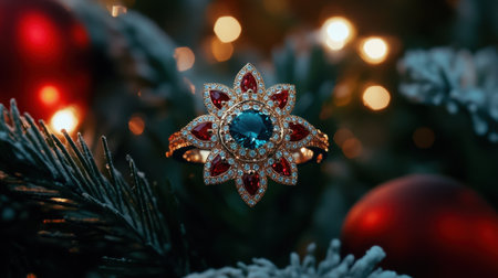 A stunning vintage ring featuring a vibrant blue gemstone at its center, surrounded by red accents, beautifully illuminated with holiday bokeh lights.の素材