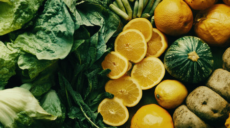 A rich assortment of fresh fruits and vegetables showcasing vibrant colors and textures, perfect for promoting healthy eating and natural ingredients.の素材